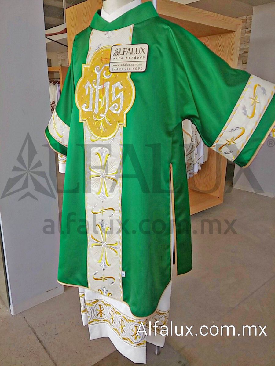 09 SAN ANTONIO Verde Bandera DALMATICA Brocado Mangas Medallon JHS